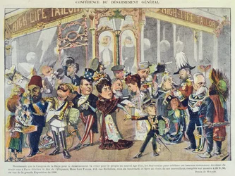 Advertentie voor een Parijse kledingwinkel verwijzend naar de Eerste Haagse Vredesconferentie van 1899